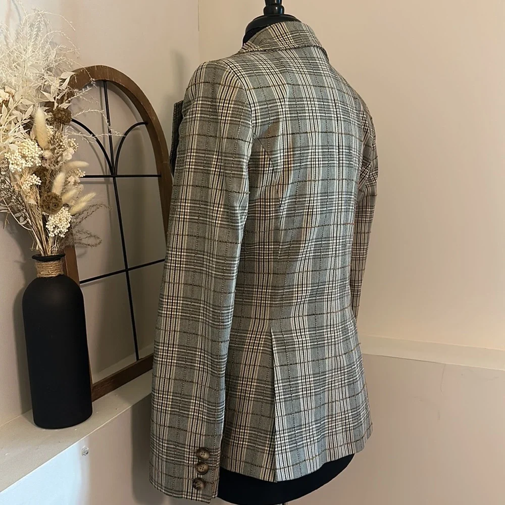 H&M | Vintage Neutral Brown Tan Plaid Blazer Large Lapel Button Down Coat - Picture 7 of 11